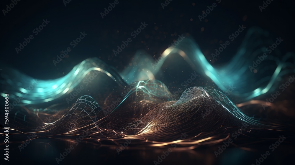 Poster Abstract wave background with many glowing particles. Musical wave. Digital network background. Generative ai