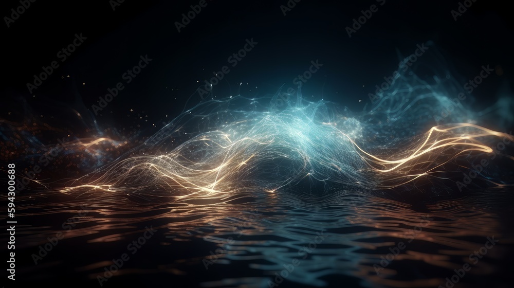 Poster Abstract wave background with many glowing particles. Musical wave. Digital network background. Generative ai