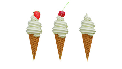 ice cream cone vanilla with fruits strawberry cherry 3D rendering
