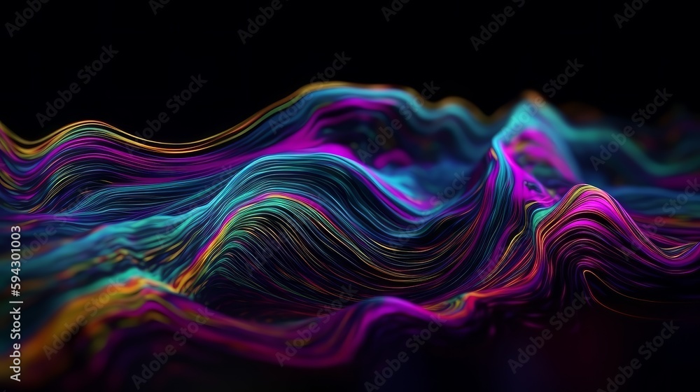 Poster Abstract fluid iridescent holographic neon curved wave in motion colorful background 3d render. Generative ai
