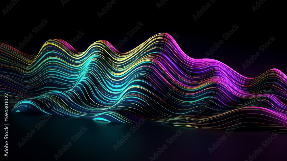 Poster abstract fluid iridescent holographic neon curved wave in motion colorful background. generative ai
