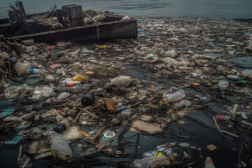 Environmental pollution. Garbage floats in the ocean. Save the planet. Waste pollutes nature.  ai generated