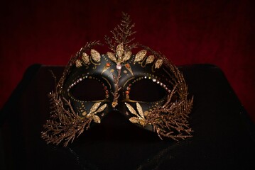 Luxurious, black masquerade mask adorned with ornate gold leaves and flowers.