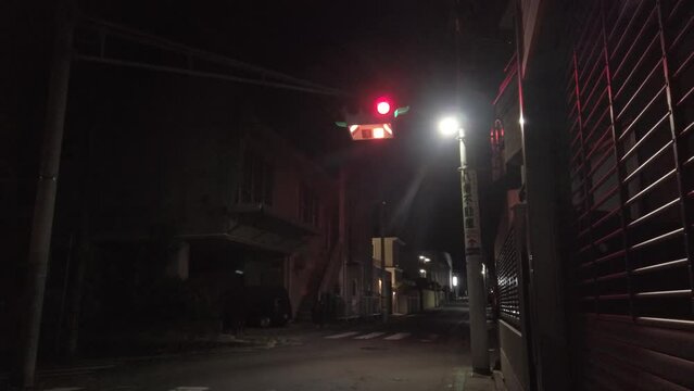 Sendai City, Miyagi Prefecture, May 2022.A UFO traffic light at night.