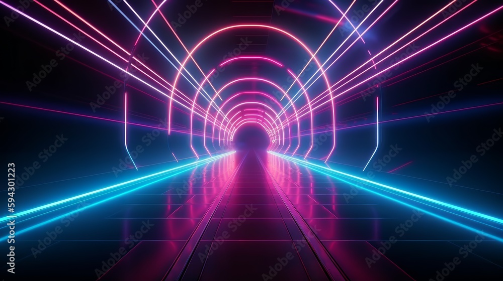 Poster Abstract color neon light footpath direction in perspective in the futuristic city background, Generative AI
