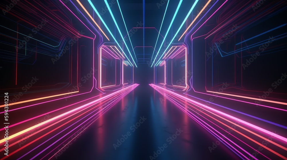 Aufkleber abstract color neon light footpath direction in perspective in the futuristic city background, gener