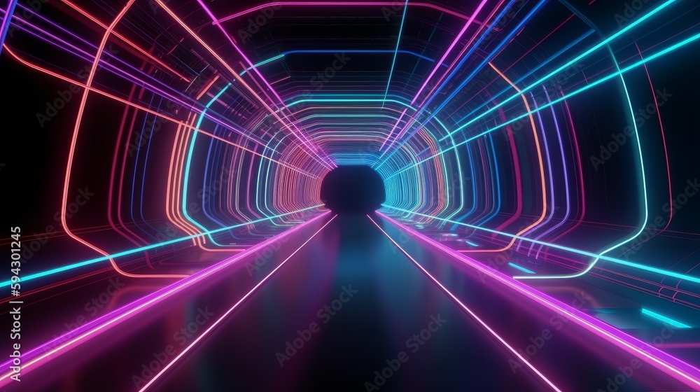 Aufkleber abstract color neon light footpath direction in perspective in the futuristic city background, gener