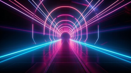Abstract color neon light footpath direction in perspective in the futuristic city background, Generative AI
