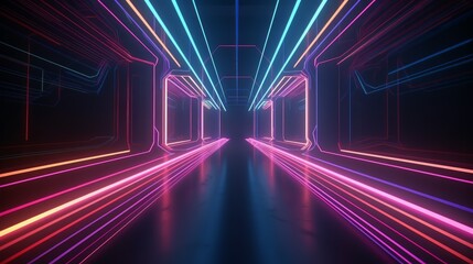 Abstract color neon light footpath direction in perspective in the futuristic city background, Generative AI
