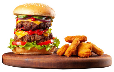 Double dagger beef burger with chicken nuggets png in high resolution