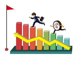 Businessman running a race against time on graph