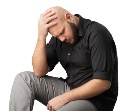 Sad handsome young man sitting holding your hand over on the head
