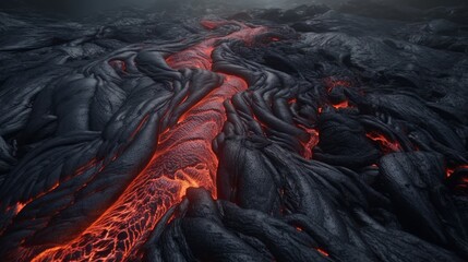 Lava flowing near volcano at night, glowing molten rocks, dramatic volcanic landscape, natural phenomenon, generative ai