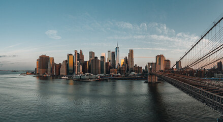 Aerial view of lower Manhattan New York City Downtown. Soft morning light sunrise. Financial distict United States.