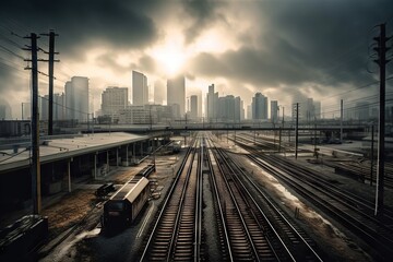 Naklejka premium A Train Yard With A Train On The Tracks And A City In The Background Modern City Skyline In The Morning Time-lapse Photography Industrial Photography Generative AI