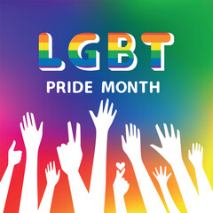 Obraz premium People hold hands up celebrates LGBT pride month. Illustration, Poster, Vector , Background or wallpaper. 
