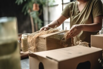 Fototapeta na wymiar Eco vendor go green packaging parcel carton box in net zero waste store asian seller retail shop - Generative AI