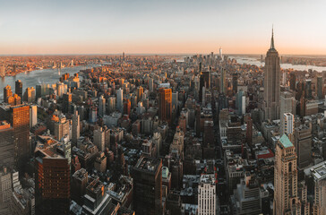 Aerial view of Midtown and lower Manhattan New York City Downtown. Soft morning light sunrise. Financial distict United States.