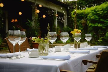 Restaurant in garden. Outside restaurante table. Cozy.