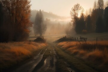 A Dirt Road With A Fence And Trees In The Background On A Foggy Day Rural American Countryside At Sunrise Landscape Photography Landscape Photography Generative AI