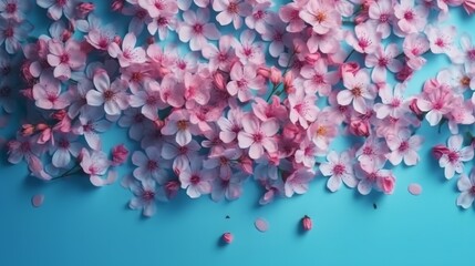 Beautiful spring pink flowers blue pastel wall top view. Generative ai
