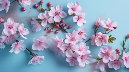 Obraz na płótnie Canvas Beautiful spring pink flowers blue pastel wall top view. Generative ai