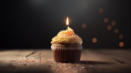 Cupcake with icing and frosting and with a burning birthday candle. Generative ai