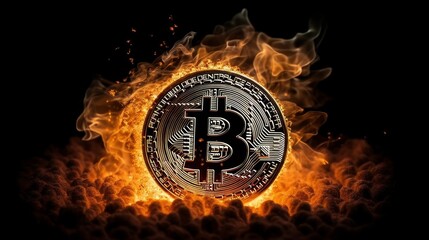 Bitcoin BTC burning in flames. Generative AI