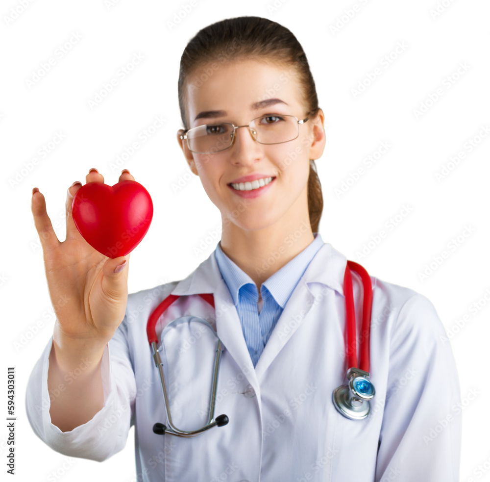 Sticker close-up red heart in hand of female doctor