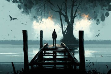 Silhouette of a man standing on the wooden bridge over the lake