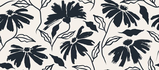 flowers hand drawn seamless pattern. ink brush texture.
