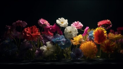 Colorful digital flowers on black background. Generative ai