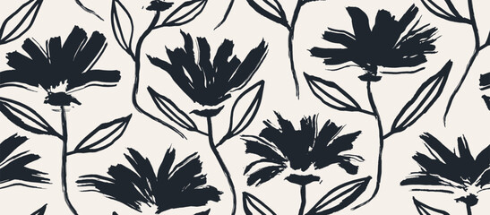 Fototapeta premium flowers hand drawn seamless pattern. ink brush texture. 