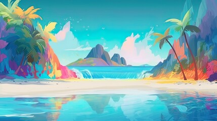 Fototapeta na wymiar Beautiful tropical beach at exotic island surrounded by the ocean. Colorful, abstract digital painting. Generative A
