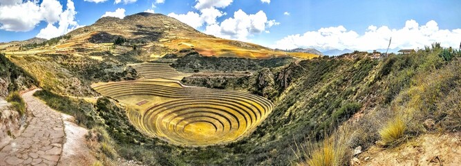 Panoramic view of the Moray - an archaeological site in Peru