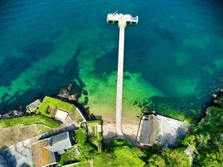 An aerial shot of a pier at Drake's Island