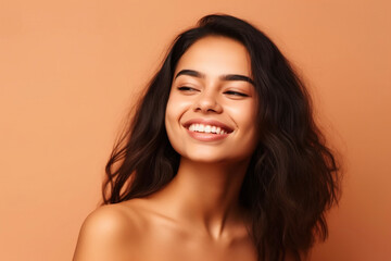 Portrait of a happy latin woman isolated on a beige background. AI