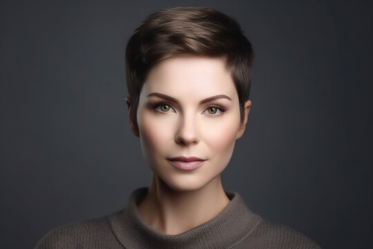 Portrait of a woman with stylish short hair isolated over gray background. AI