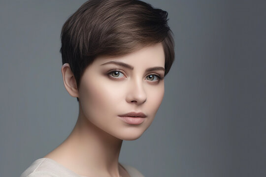 Portrait of a woman with stylish short hair isolated over gray background. AI