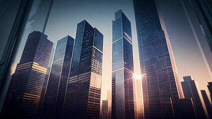 Fototapeta na wymiar Tall buildings at sunset, generative AI