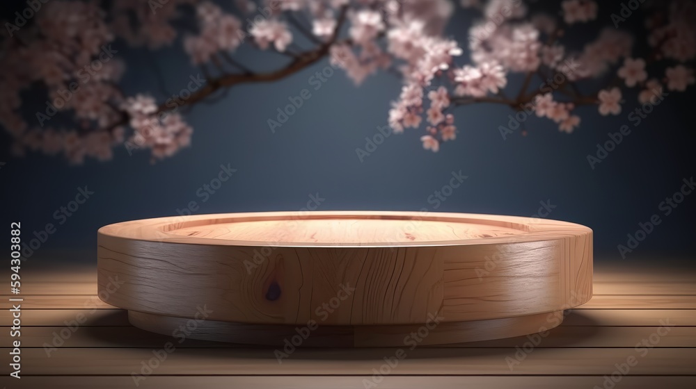 Poster Empty circle podium, wooden circle with spring cherry. Podium for product presentation. Empty podium with sakura in the background. Generative AI