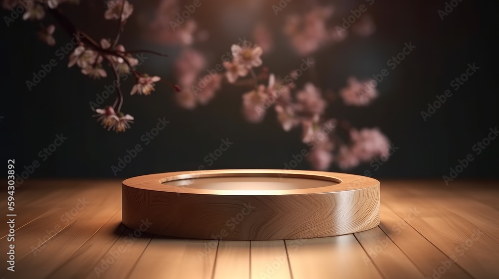 Poster empty circle podium, wooden circle with spring cherry. podium for product presentation. empty podium