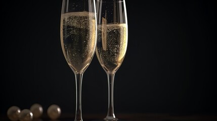 Glasses of champagne and christmas decoration on dark bokeh background, Generative Ai