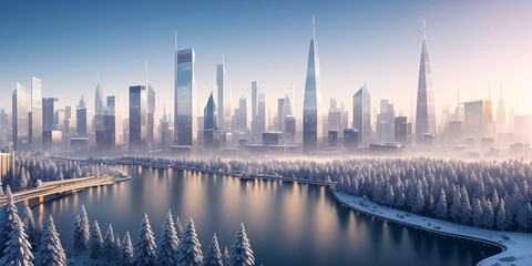 Obraz premium Digital illustration of a city with skyscrapers, generative AI