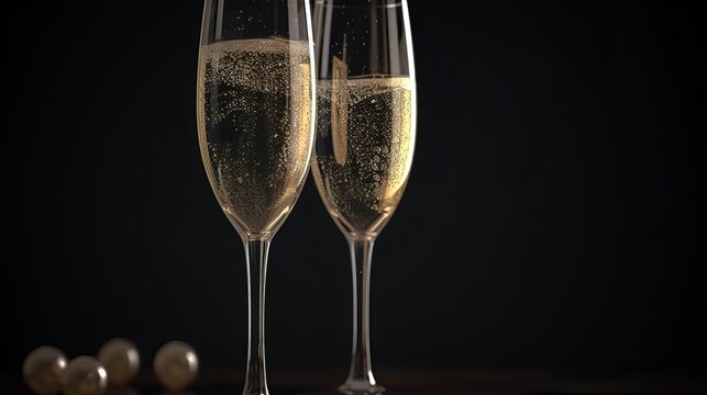Glasses of champagne and christmas decoration on dark bokeh background, Generative Ai