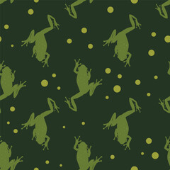 Seamless pattern with green frogs for fabric print, gift wrapping paper, textile. Stock vector illustration.