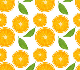Round slices of oranges with leaves. Seamless pattern in vector. Suitable for prints and backgrounds.