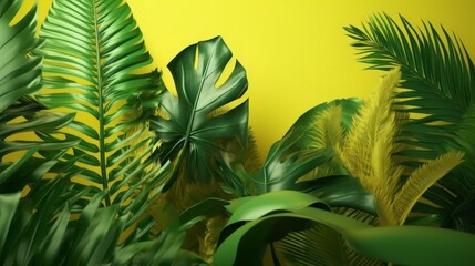 Palm leaves on yellow background. AI generative