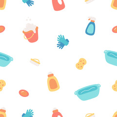 Seamless pattern with clearning tools. For posters, banners, books, printing on the pack, clothes, fabric, wallpaper, textile or dishes.