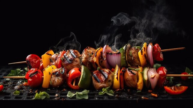 Shish kebab with vegetables grilled over fire on black background. Copy space. Based on Generative AI
